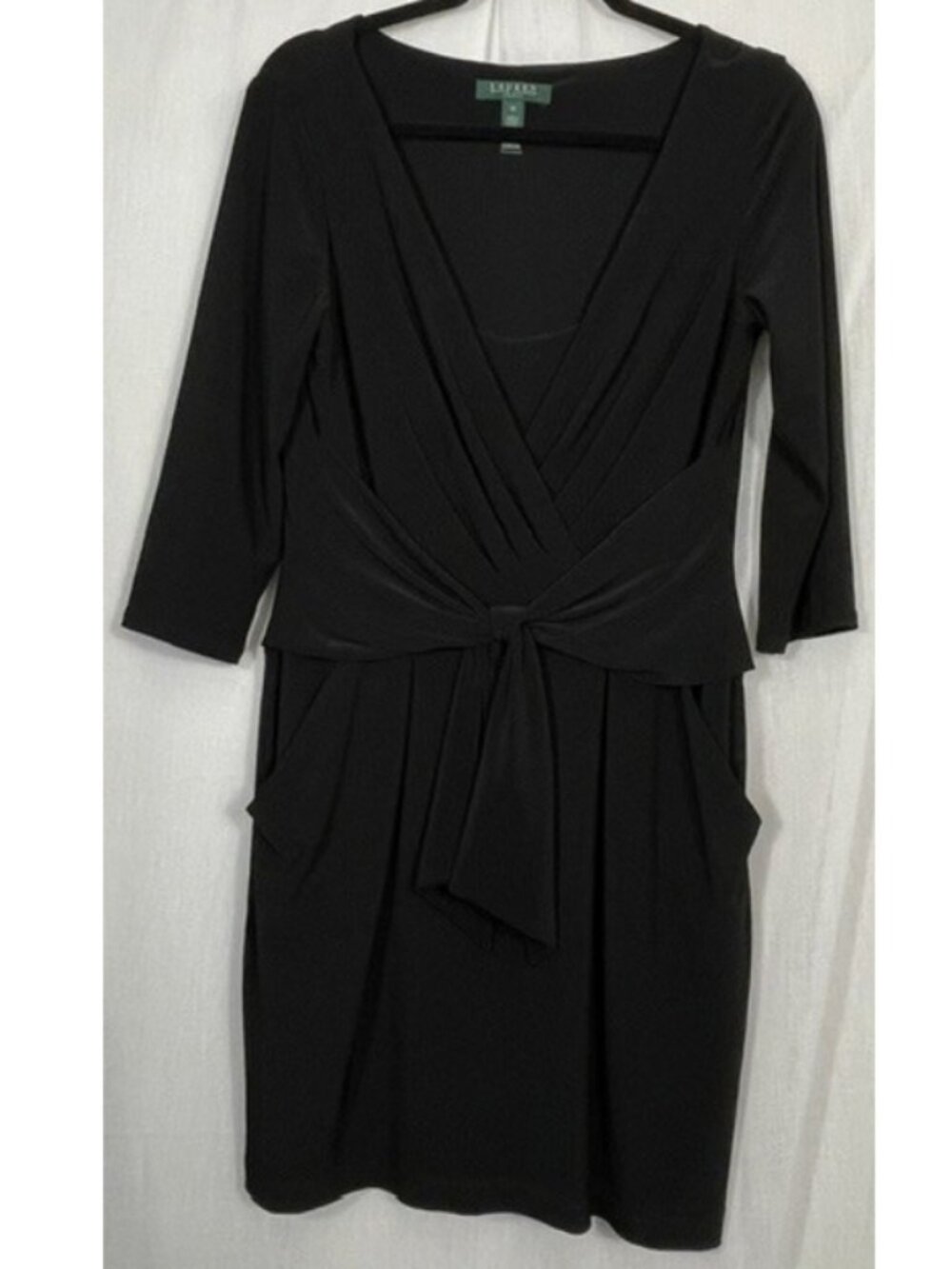 Ralph Lauren Waterfall Sheath Dress Gorgeous Black 3/4 Sleeve Lined SZ 10